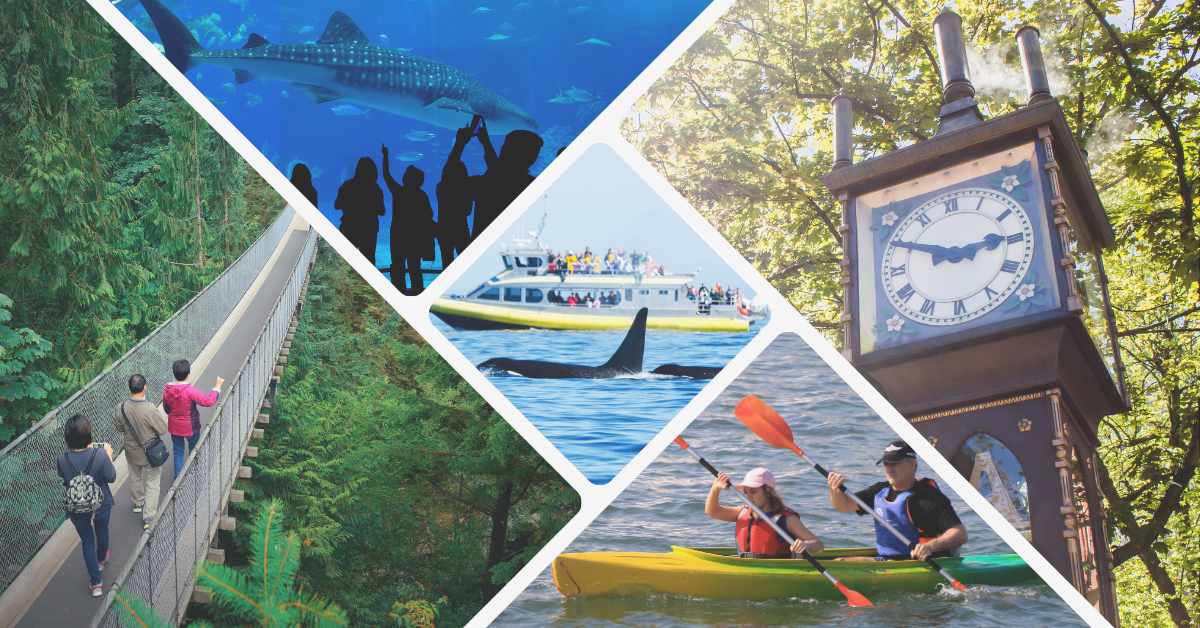 A collage photo featuring five pre-cruise activities in Vancouver. The first image shows a person walking across the Capilano Suspension Bridge. The second image depicts a whale breaching out of the water during a whale watching tour. The third image features a person kayaking in a calm bay surrounded by mountains. The fourth image showcases the Gastown Steam Clock with steam billowing from its top. The last image shows visitors exploring the Vancouver Aquarium, with fish visible in a tank behind them.