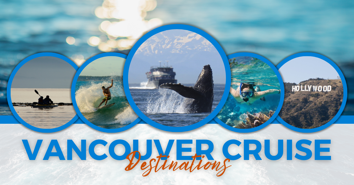 A collage photo featuring five highlights of a Vancouver cruise. The leftmost image shows a kayaker paddling near orcas in the San Juan Islands. The second image depicts a surfer riding a wave in Hawaii. The third image showcases a whale breaching its tail above the water with a cruise ship in the background (Alaska). The fourth image features a person snorkeling amidst colorful coral reefs in Mexico. The last image shows the Hollywood sign, recognizable from movies and television.