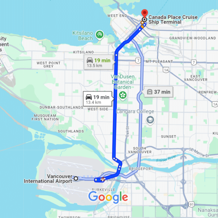 Screenshot of Google Maps: This image displays the distance and estimated travel time (traffic dependent) between Vancouver International Airport (YVR) and the Canada Place Cruise Port Terminal.