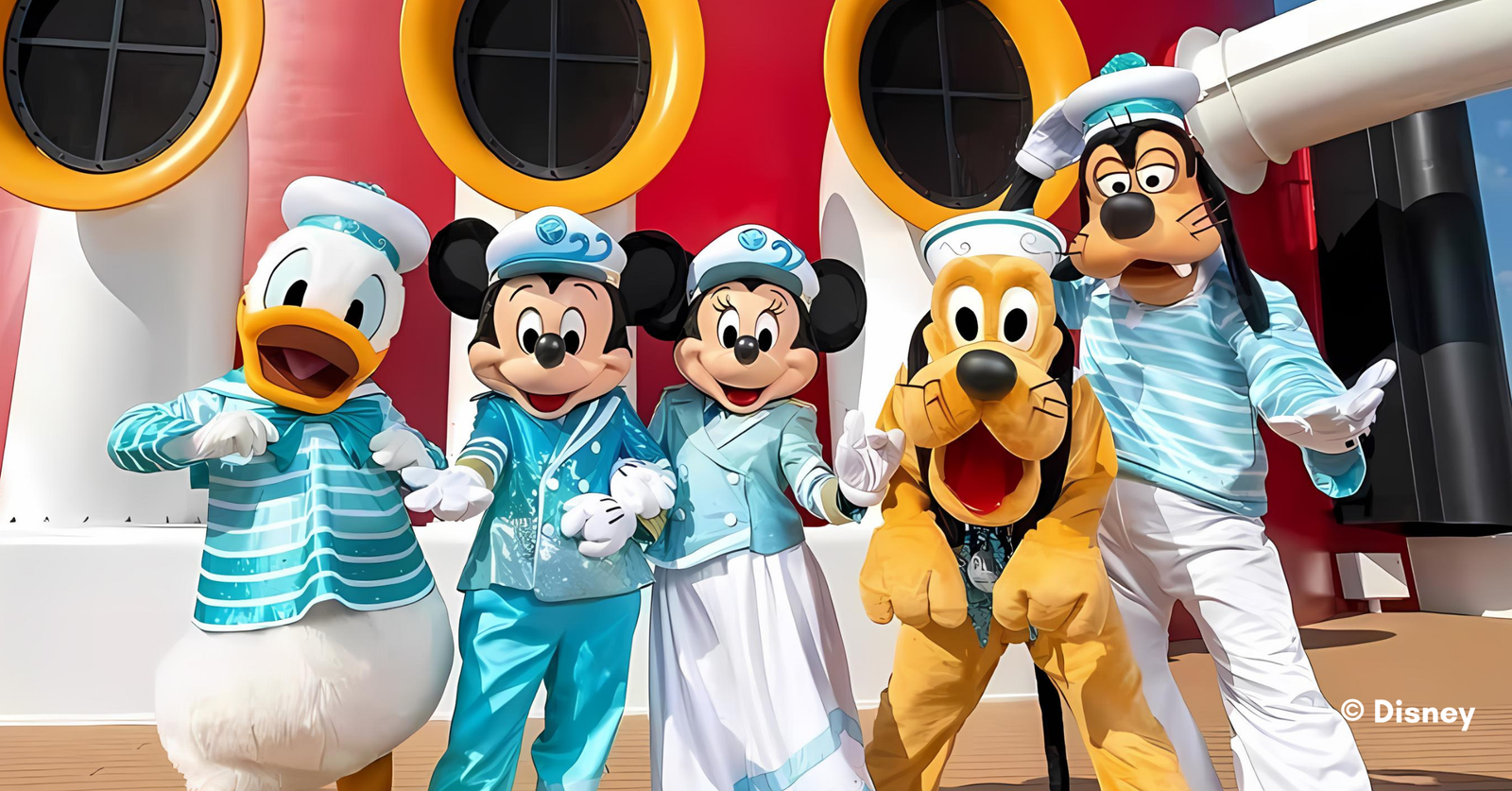 Disney characters Mickey Mouse, Minnie Mouse, Goofy, Pluto, and Donald Duck on a Disney Cruise ship. [Courtesy Disney - disneyrewards.com]