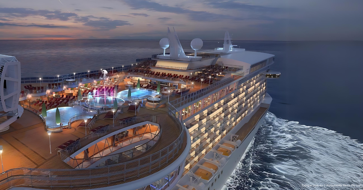 Aerial top view of Majestic Princess by Princess Cruises showing its outdoor onboard amenities. [Courtesy Escape.com.au / Nationwide News Pty Ltd]