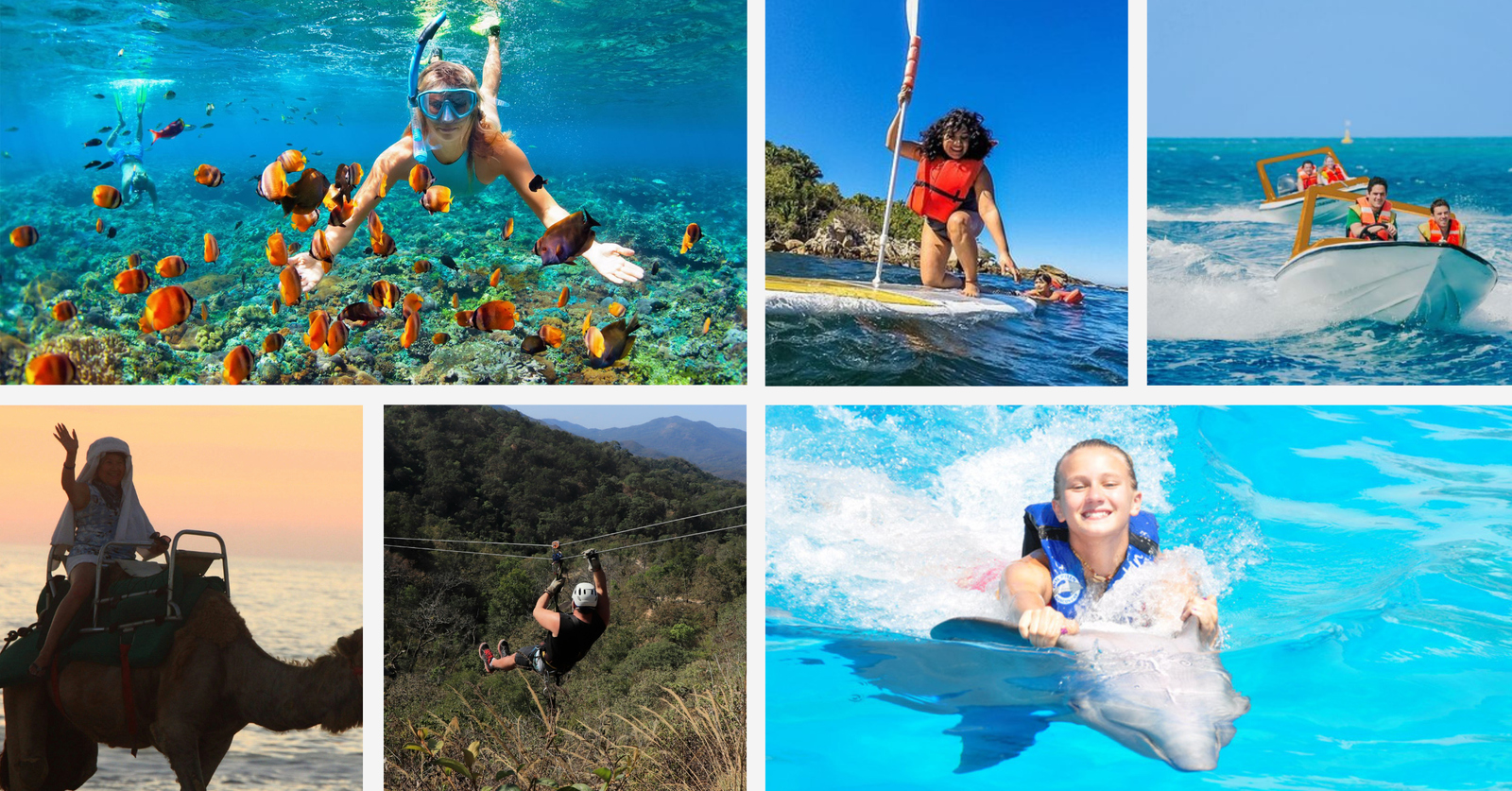 Photo collage showing shore excursions in Mexico from a Vancouver cruise: snorkeling, kayaking, mini speedboat, swimming with dolphins, camel ride, and ziplining.